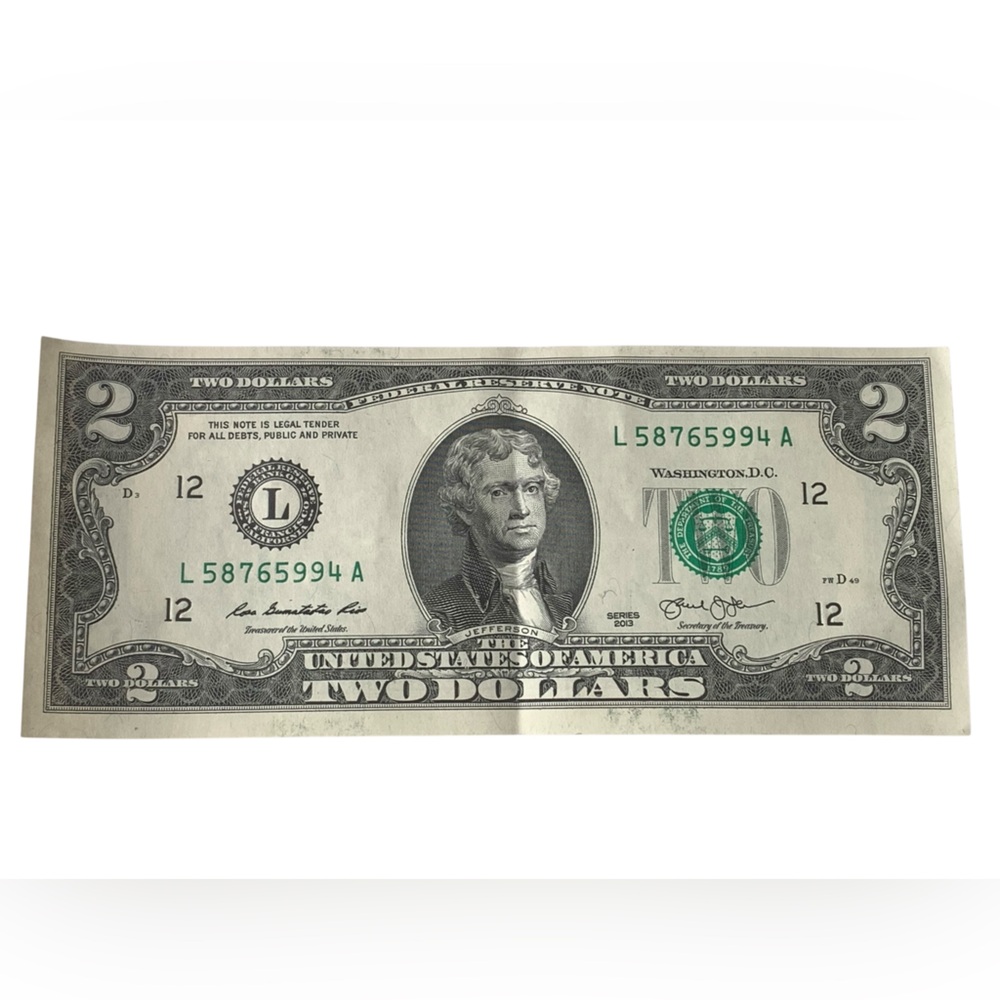 Two Dollar Bill with Green Seal Series 2013 L58765994 A Serial Number